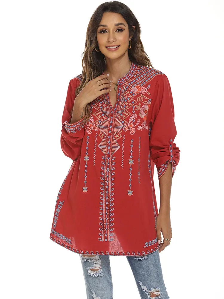 Vintage Floral Mexican Embroidery Blouse, Boho Hippy Autumn Long Sleeve Top