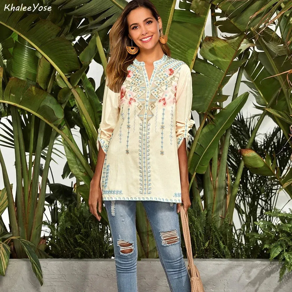 Vintage Floral Mexican Embroidery Blouse, Boho Hippy Autumn Long Sleeve Top