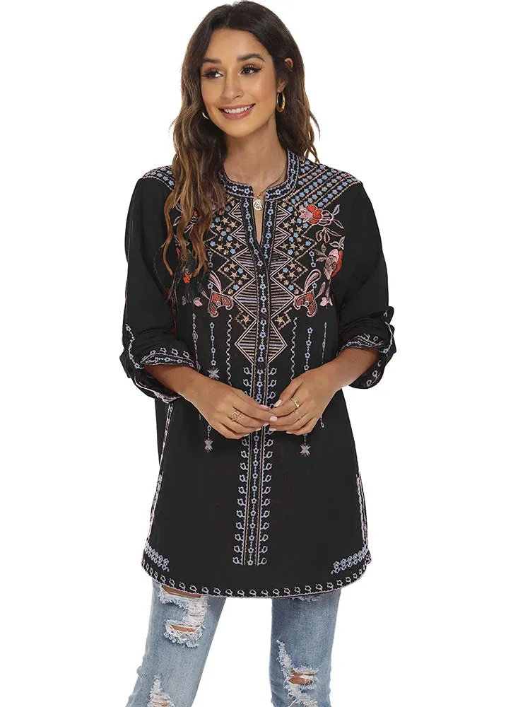 Vintage Floral Mexican Embroidery Blouse, Boho Hippy Autumn Long Sleeve Top