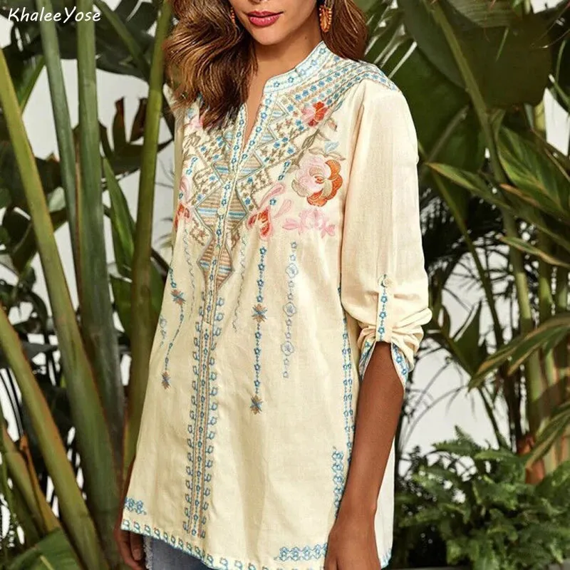 Vintage Floral Mexican Embroidery Blouse, Boho Hippy Autumn Long Sleeve Top