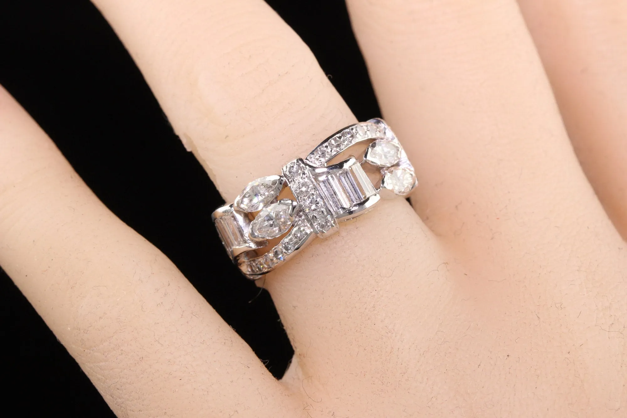 Vintage Retro Platinum Marquise Baguette Single Cut Eternity Band
