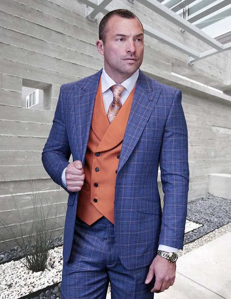 VITTON INDIGO PLAID MODERN FIT 3 PC SUIT