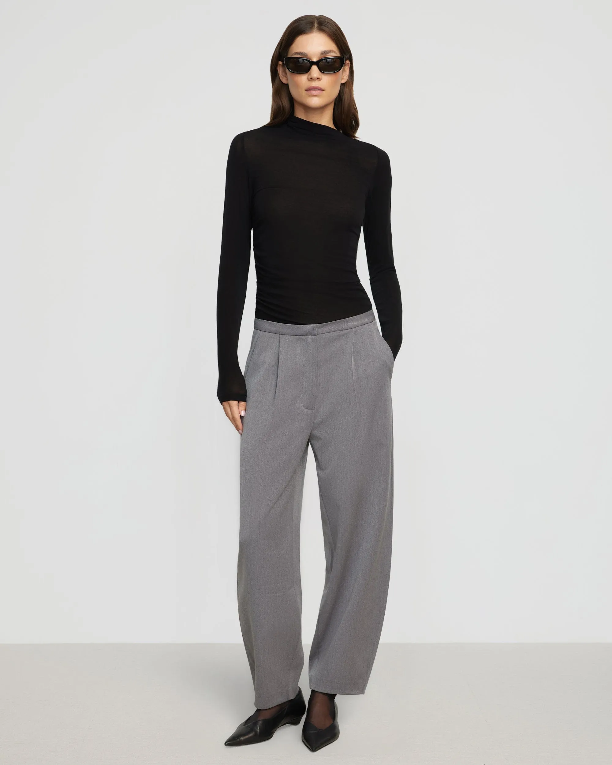 Vittoria Asymmetric-Neck Semi-Sheer Ruched Tee