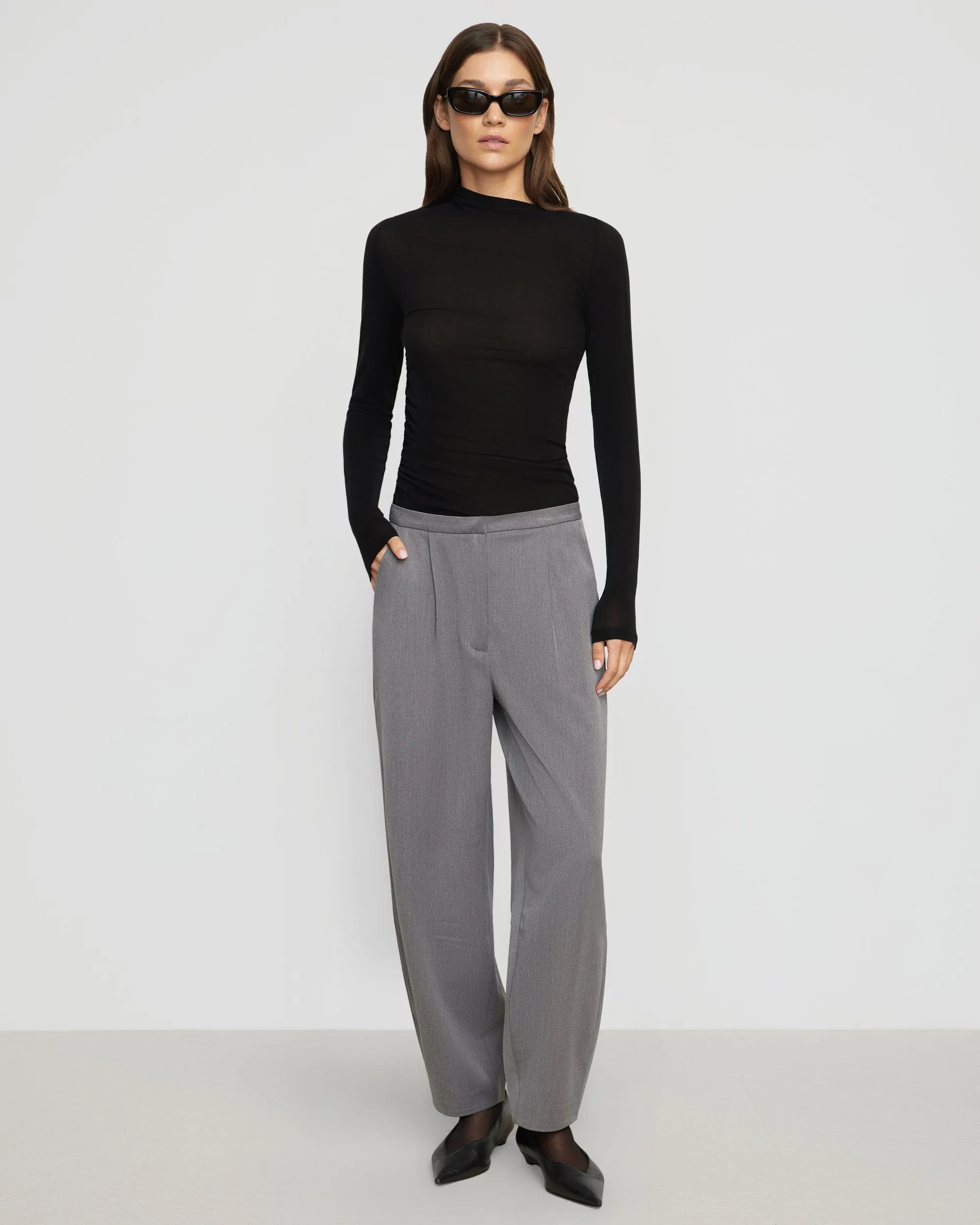 Vittoria Asymmetric-Neck Semi-Sheer Ruched Tee