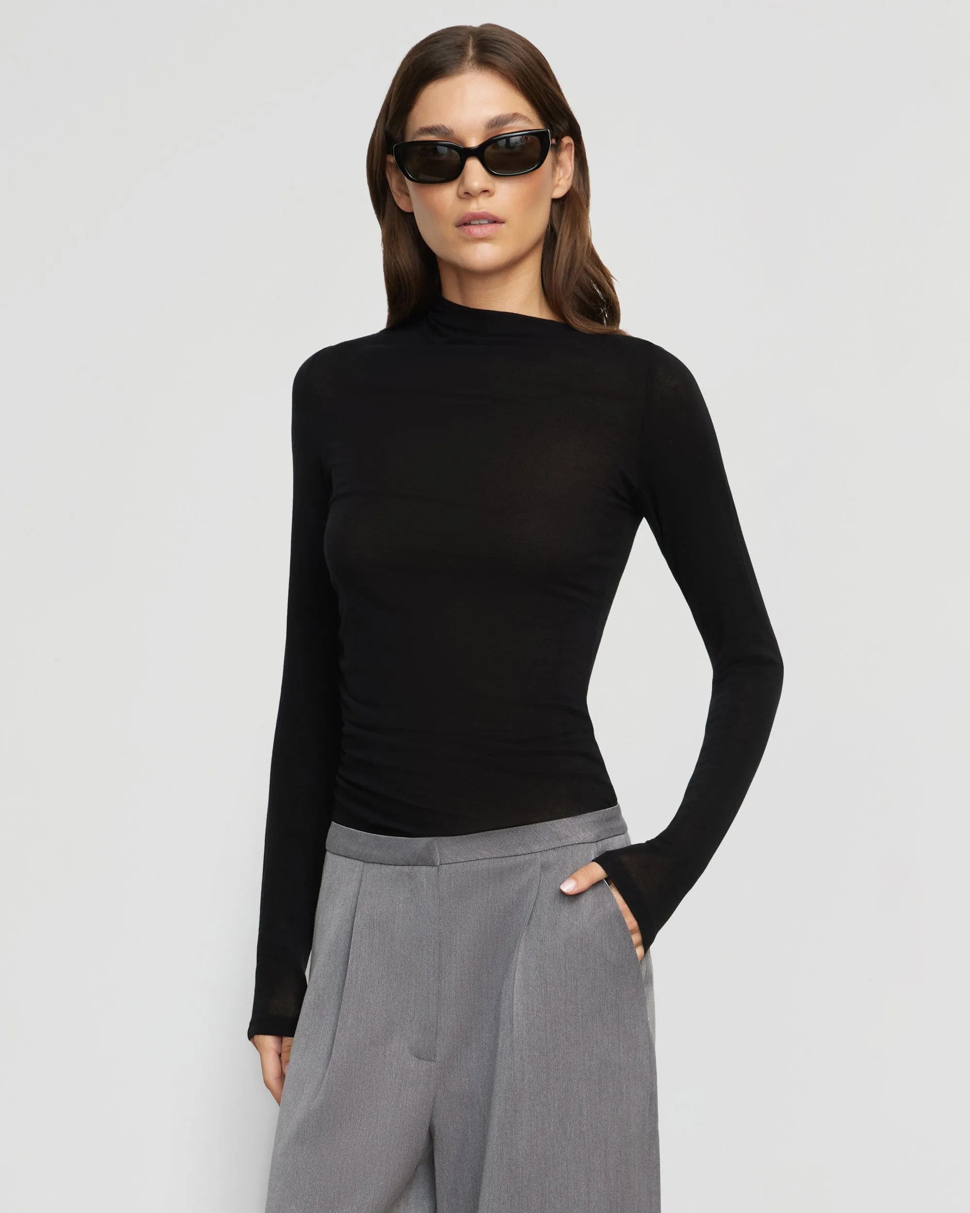 Vittoria Asymmetric-Neck Semi-Sheer Ruched Tee