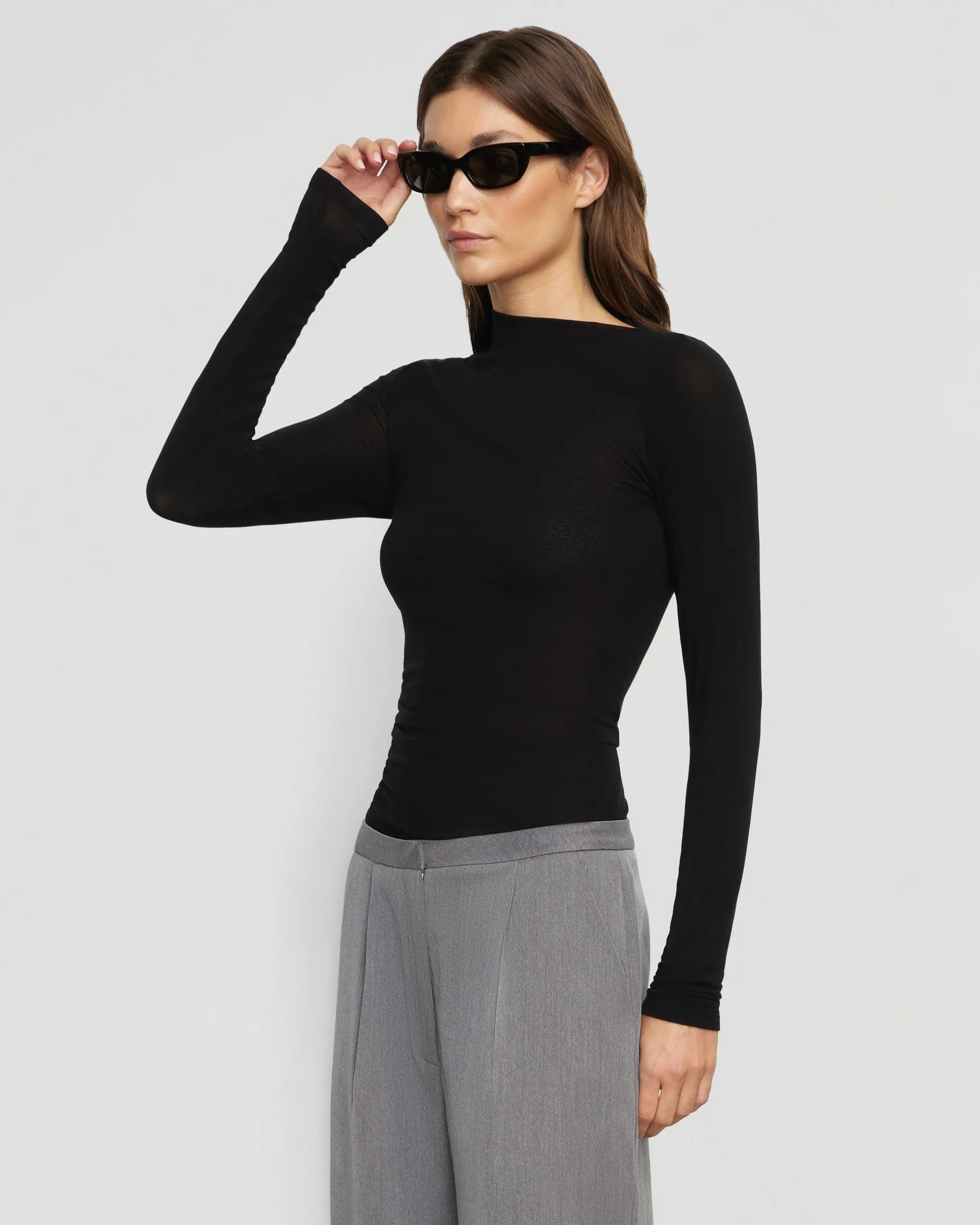Vittoria Asymmetric-Neck Semi-Sheer Ruched Tee