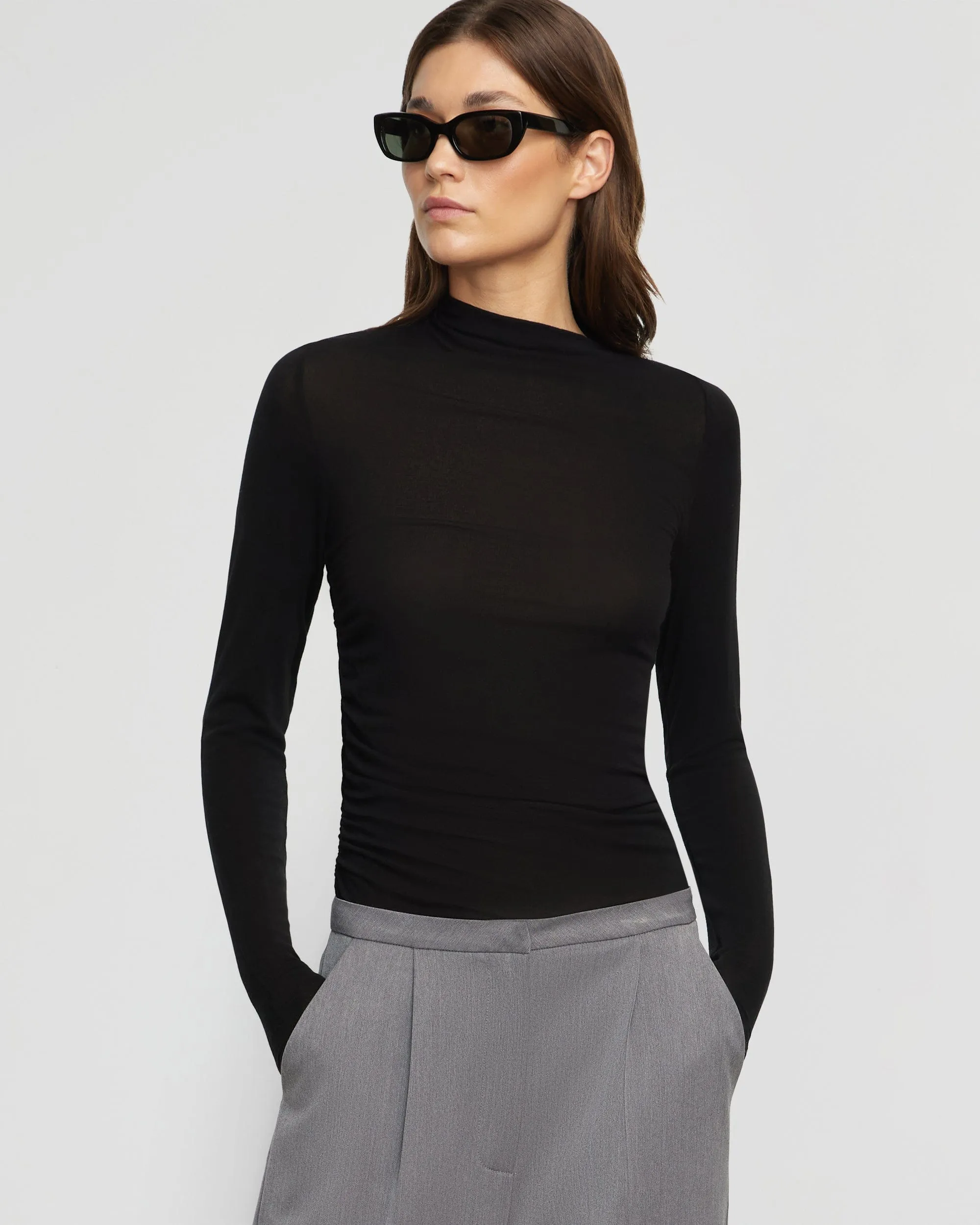 Vittoria Asymmetric-Neck Semi-Sheer Ruched Tee