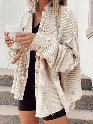Waffle Long Sleeve Buttoned Blouse
