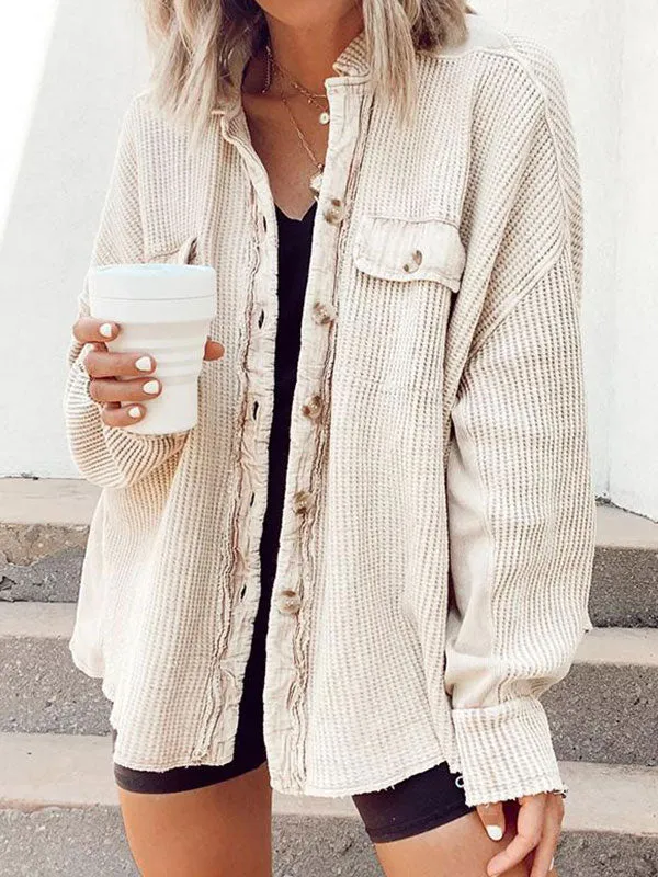 Waffle Long Sleeve Buttoned Blouse