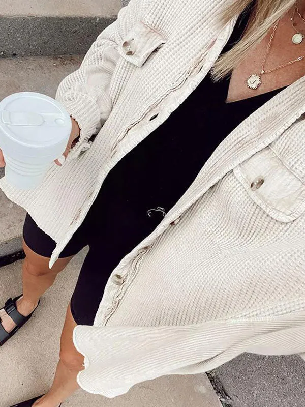Waffle Long Sleeve Buttoned Blouse