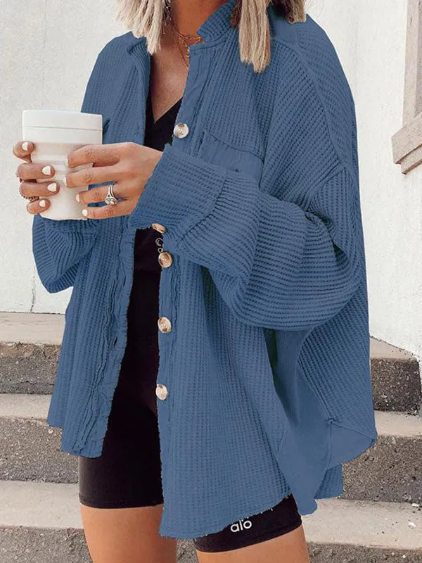 Waffle Long Sleeve Buttoned Blouse