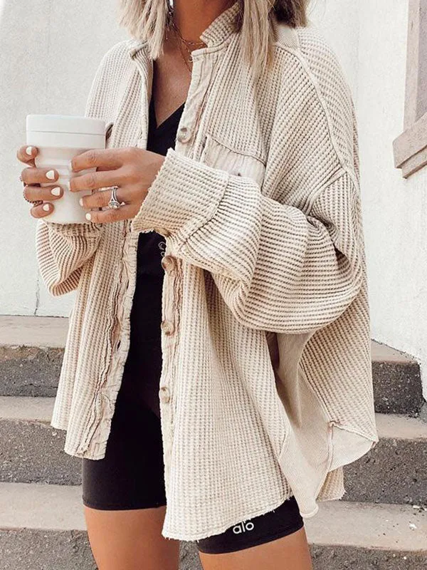 Waffle Long Sleeve Buttoned Blouse