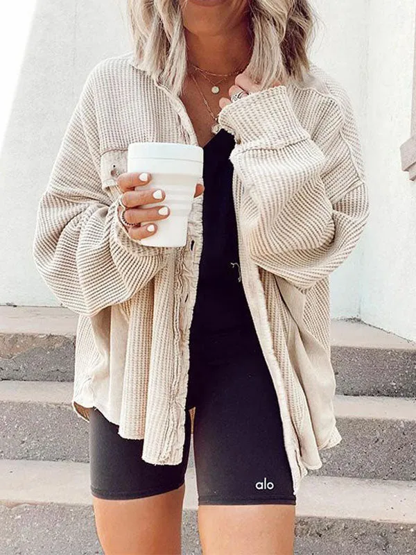 Waffle Long Sleeve Buttoned Blouse