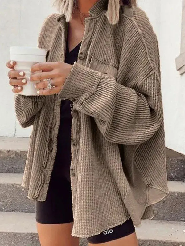 Waffle Long Sleeve Buttoned Blouse