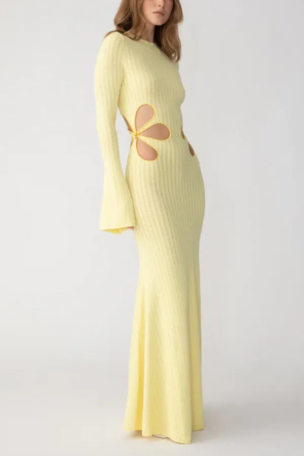 Waist Flower Hollow Trumpet Sleeve Long Knitted Dress