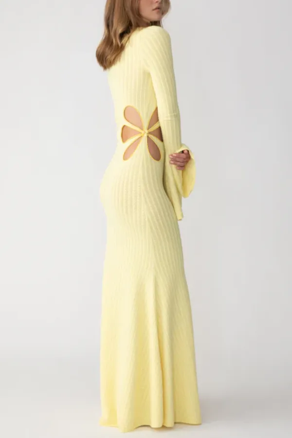 Waist Flower Hollow Trumpet Sleeve Long Knitted Dress