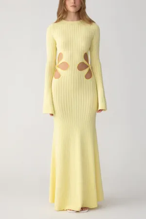 Waist Flower Hollow Trumpet Sleeve Long Knitted Dress