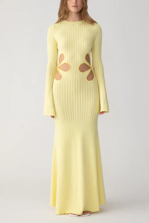 Waist Flower Hollow Trumpet Sleeve Long Knitted Dress