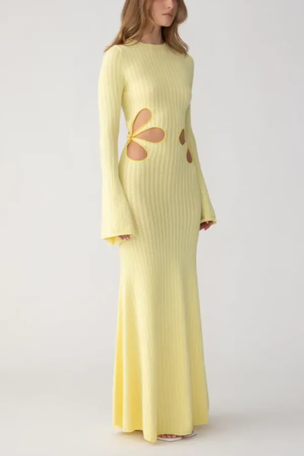 Waist Flower Hollow Trumpet Sleeve Long Knitted Dress