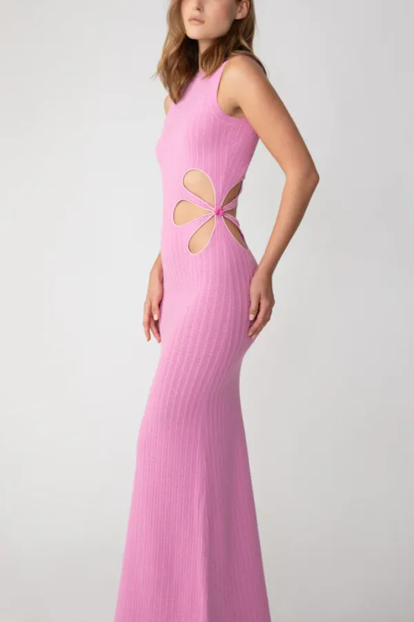 Waist Flower Hollow Trumpet Sleeve Slim Fit Mid-Length Knitted Dress