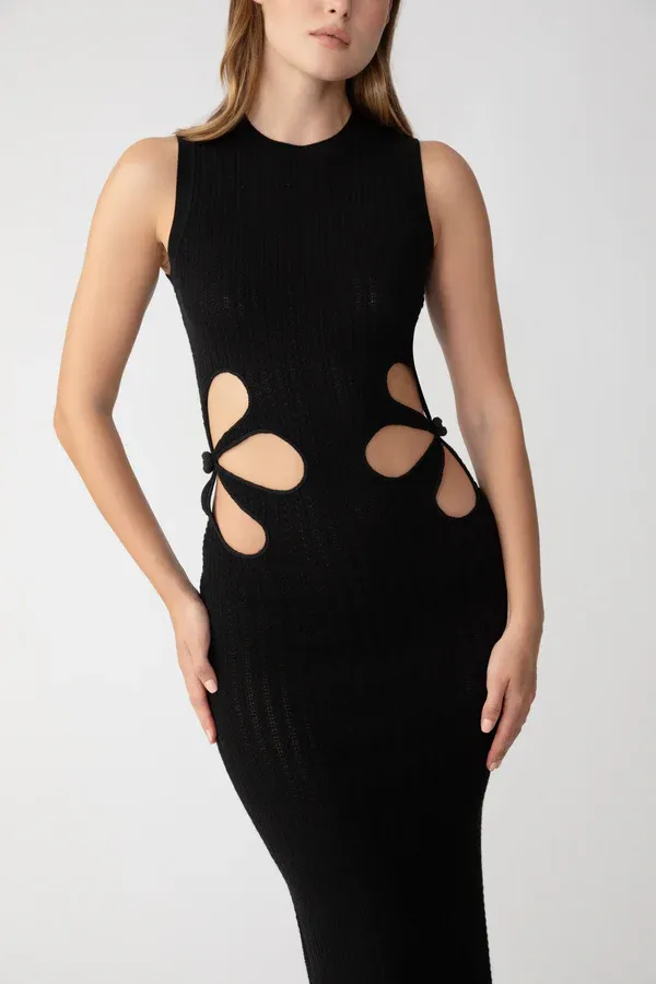 Waist Flower Hollow Trumpet Sleeve Slim Fit Mid-Length Knitted Dress