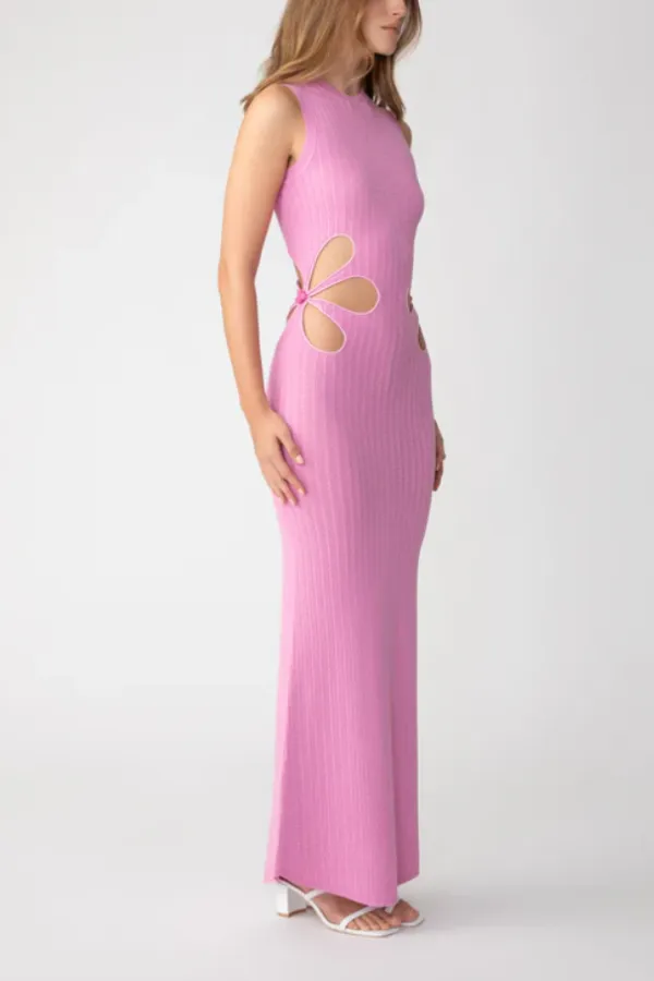 Waist Flower Hollow Trumpet Sleeve Slim Fit Mid-Length Knitted Dress