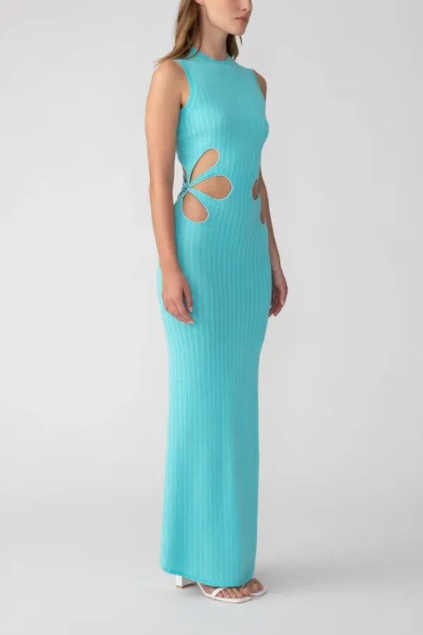 Waist Flower Hollow Trumpet Sleeve Slim Fit Mid-Length Knitted Dress