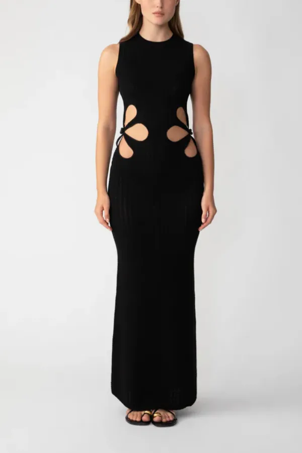 Waist Flower Hollow Trumpet Sleeve Slim Fit Mid-Length Knitted Dress