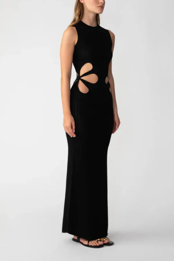 Waist Flower Hollow Trumpet Sleeve Slim Fit Mid-Length Knitted Dress