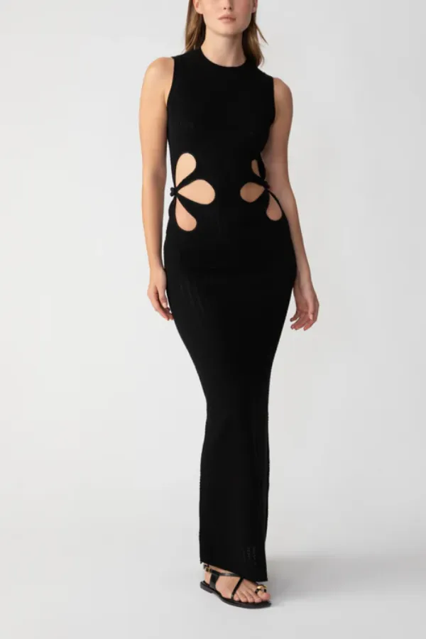 Waist Flower Hollow Trumpet Sleeve Slim Fit Mid-Length Knitted Dress