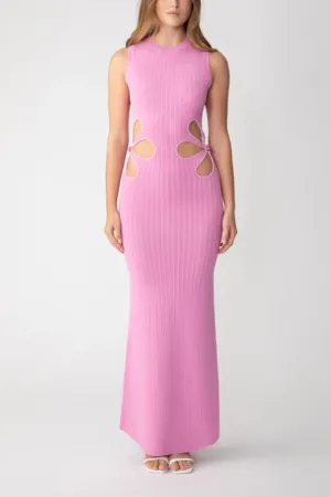 Waist Flower Hollow Trumpet Sleeve Slim Fit Mid-Length Knitted Dress