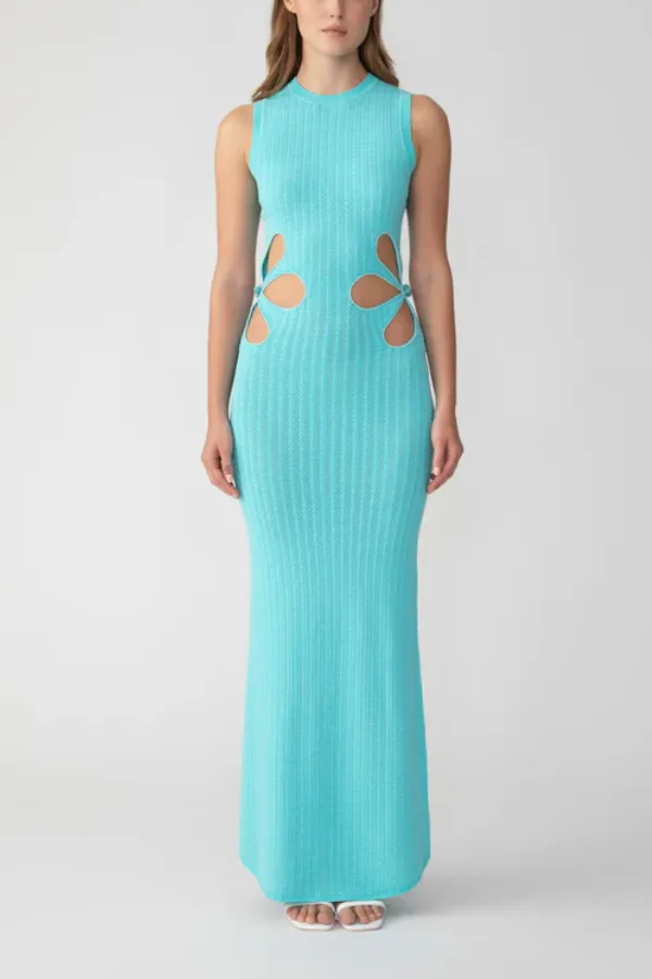 Waist Flower Hollow Trumpet Sleeve Slim Fit Mid-Length Knitted Dress