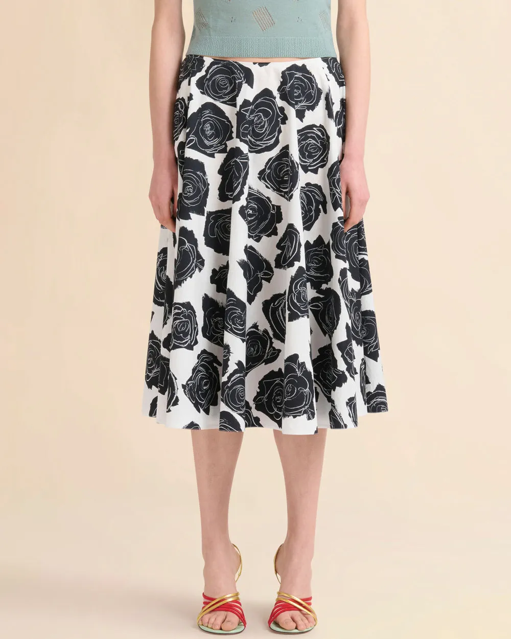 White and Black Flowers Midi Skirt