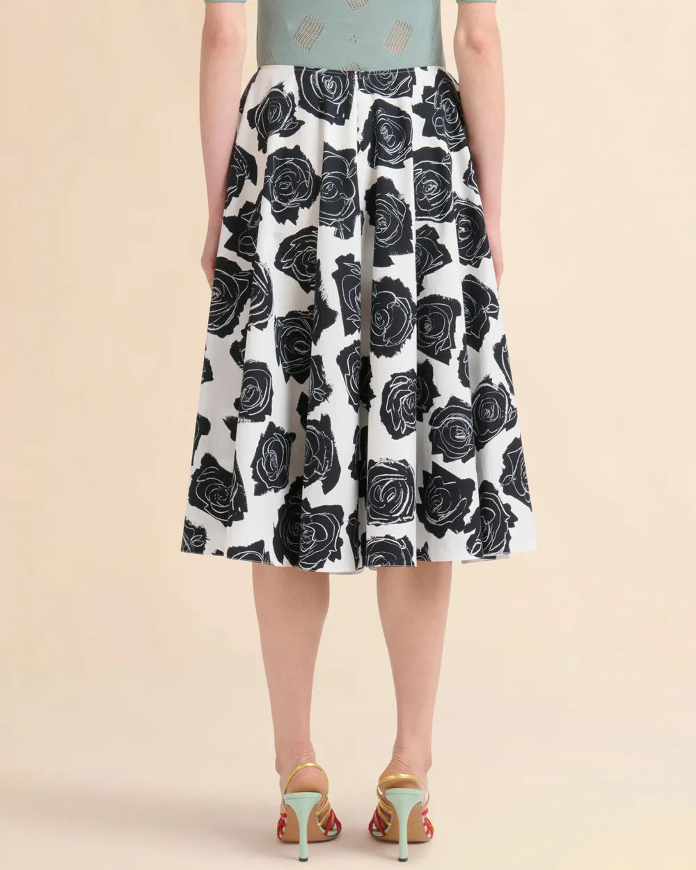 White and Black Flowers Midi Skirt