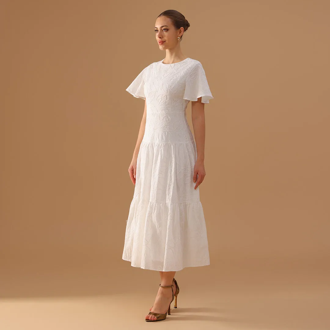 White Flared Short Sleeve Cotton Midi Dress