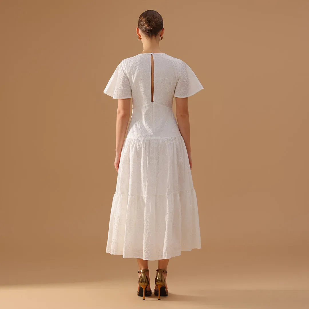 White Flared Short Sleeve Cotton Midi Dress