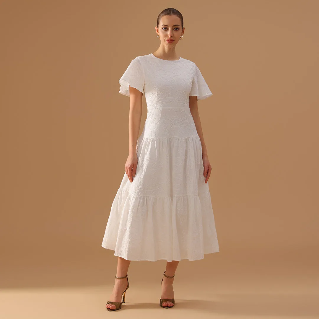 White Flared Short Sleeve Cotton Midi Dress