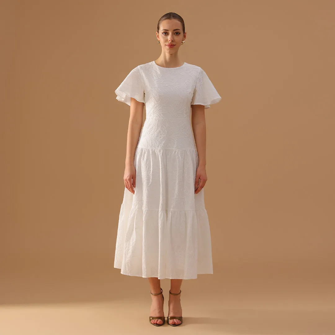 White Flared Short Sleeve Cotton Midi Dress