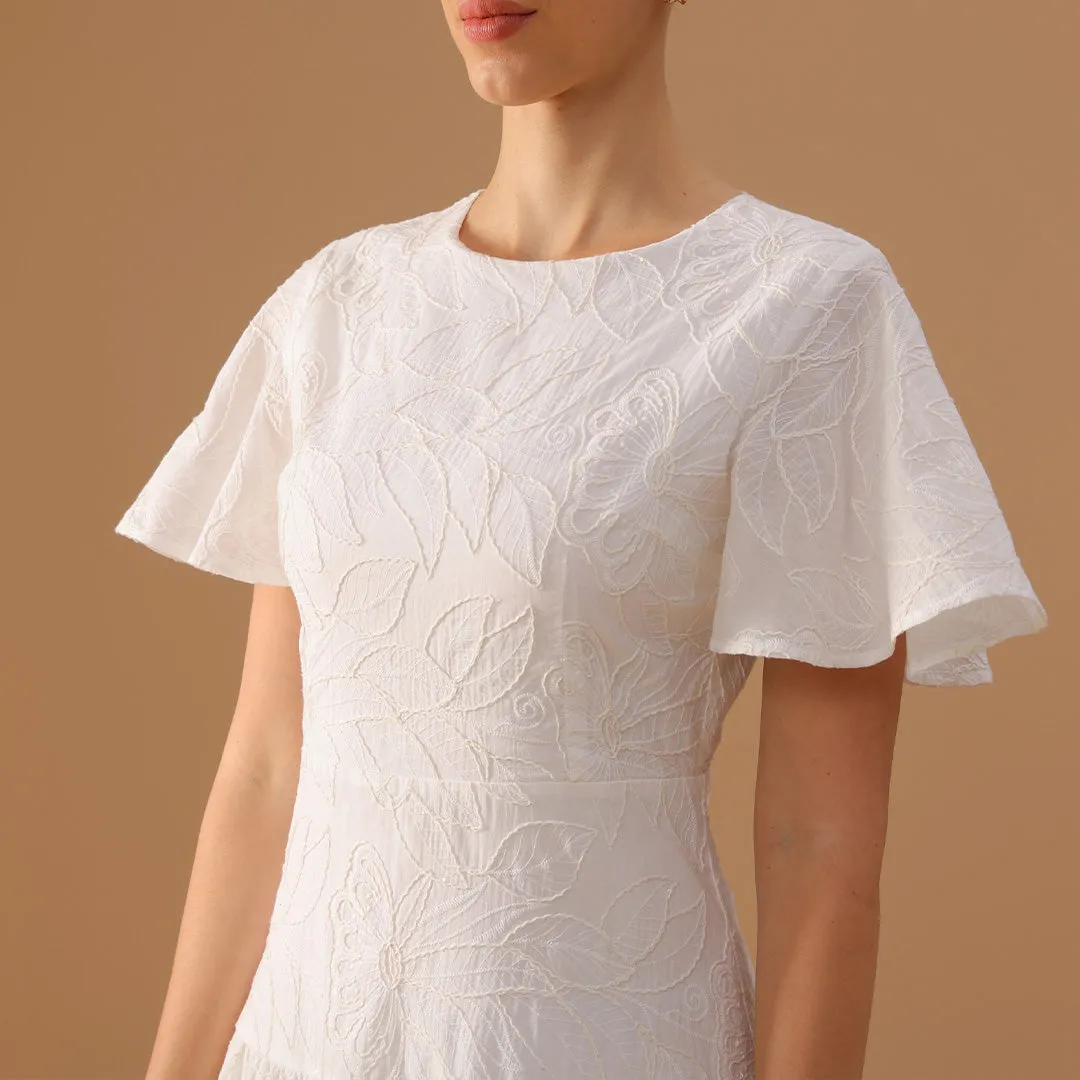 White Flared Short Sleeve Cotton Midi Dress