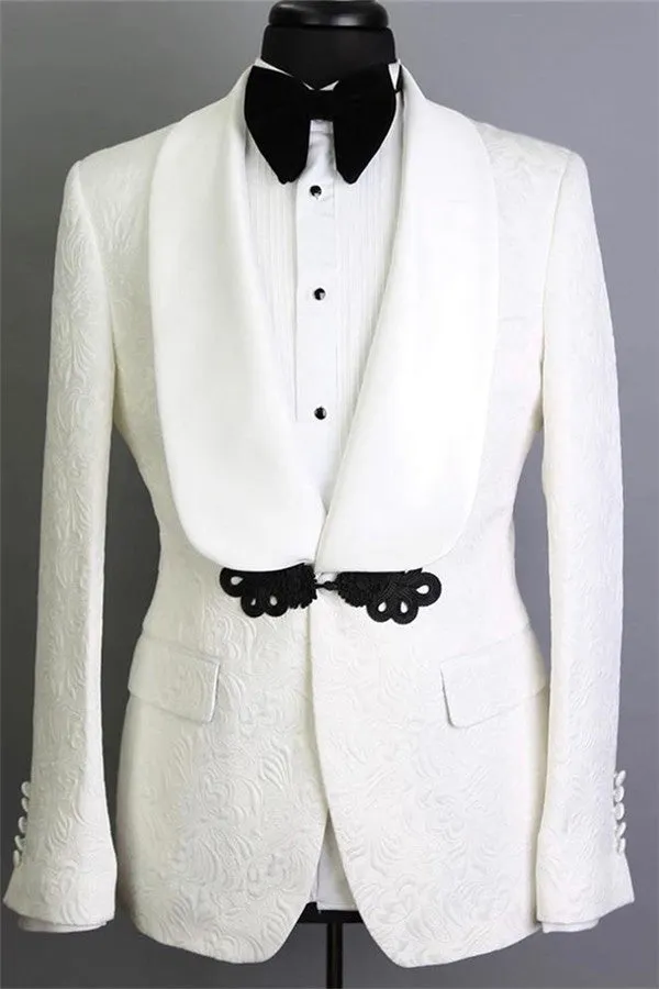 White Shawl Lapel Jacquard Groom Suits Decent Slim Fit Tuxedos for Marriage Two-pieces
