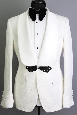 White Shawl Lapel Jacquard Groom Suits Decent Slim Fit Tuxedos for Marriage Two-pieces
