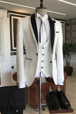 White Slim Fit Bespoke Wedding Men Suits with Black Shawl Lapel