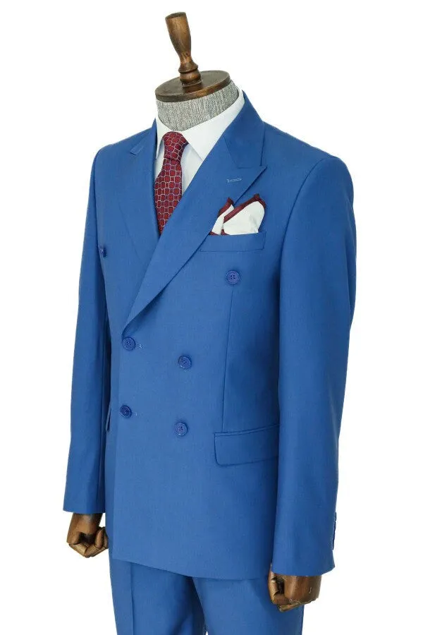 Wide Peak Lapel Striped Slim Fit Blue Men Double-Breasted Suit - Wessi
