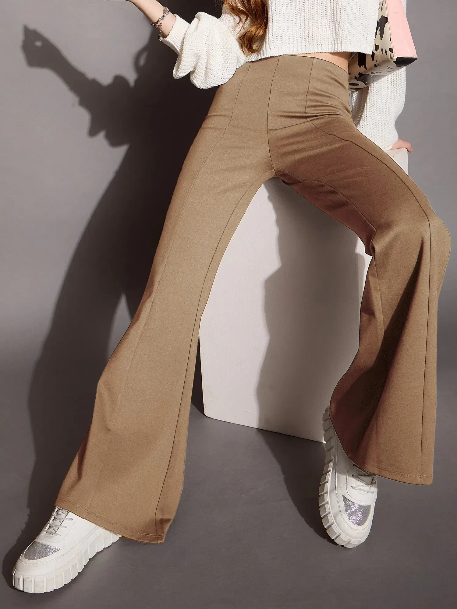 Women Brown Bootcut Flared High-Rise Trousers-SFPANT50878