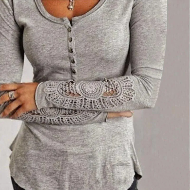 Women Casual Blouses Shirts Ladies Simple Embroidery O Neck Long Sleeve Lace Splice Tee Tops Plus Size