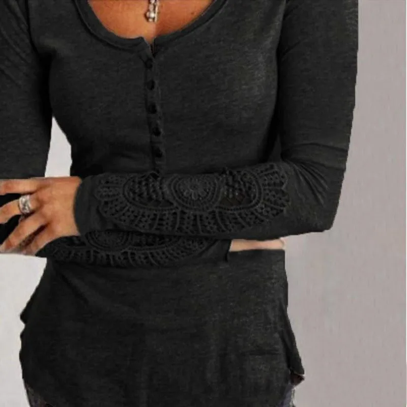 Women Casual Blouses Shirts Ladies Simple Embroidery O Neck Long Sleeve Lace Splice Tee Tops Plus Size