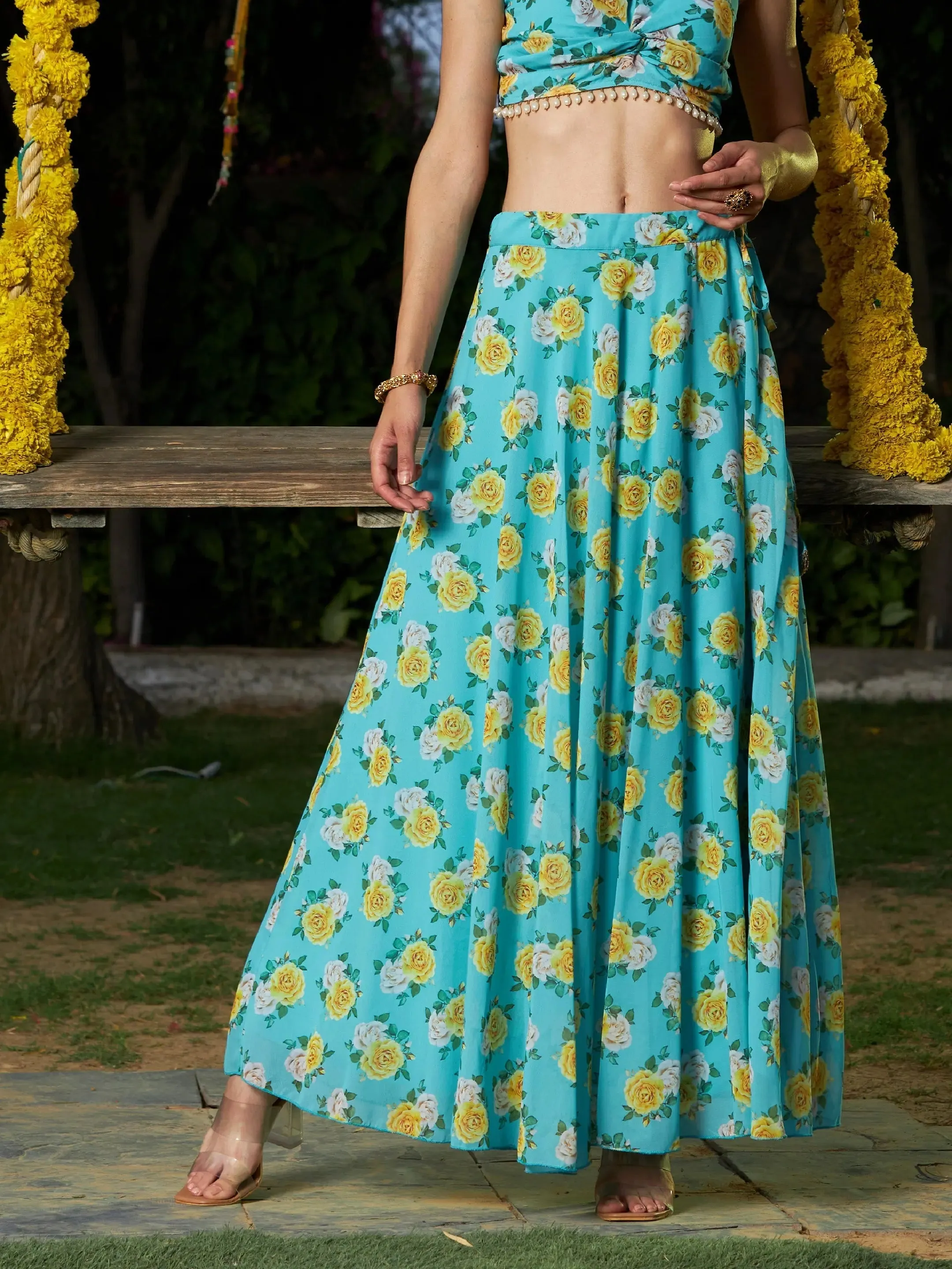 Women Green Floral Bias Flared Skirt-SHSKR30291XS