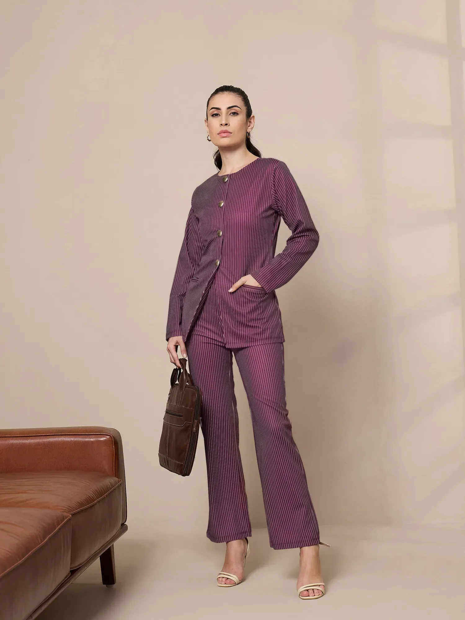 Women Maroon Striped Straight Fit Trousers-SFPANT50902