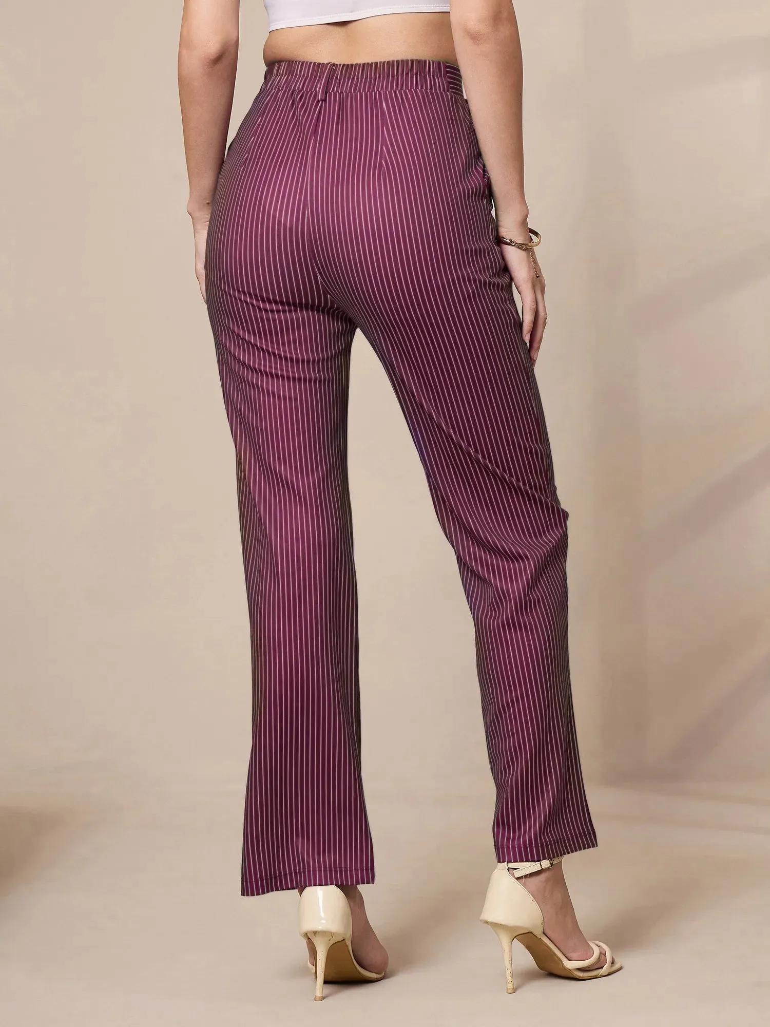 Women Maroon Striped Straight Fit Trousers-SFPANT50902