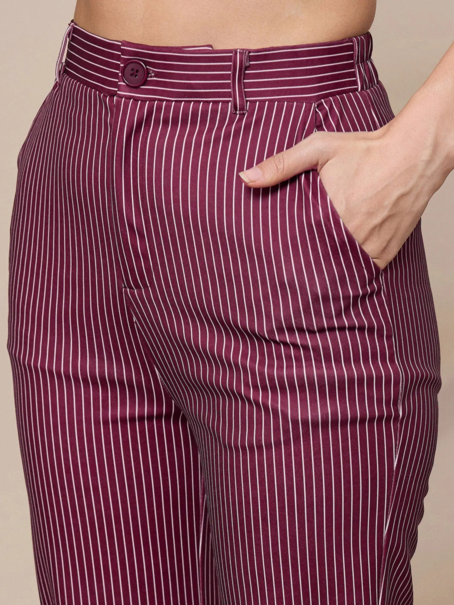 Women Maroon Striped Straight Fit Trousers-SFPANT50902